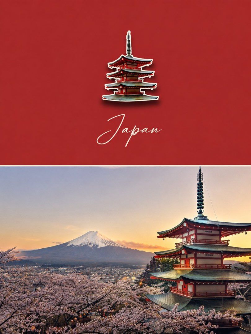上半为红色色块与五重塔珐琅磁贴、下半为富士山樱花原照的旅行海报，手写 Japan