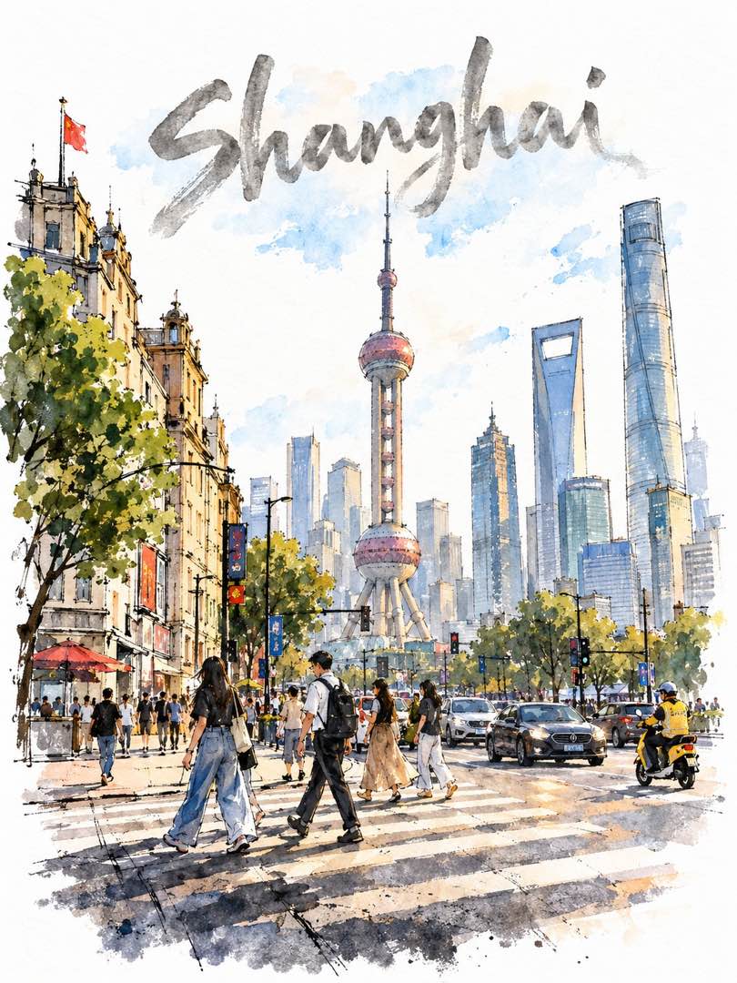 原帖效果图一：城市街口 busy street crossing 主题的 loose urban-sketch 水彩，纯白冷压纸底