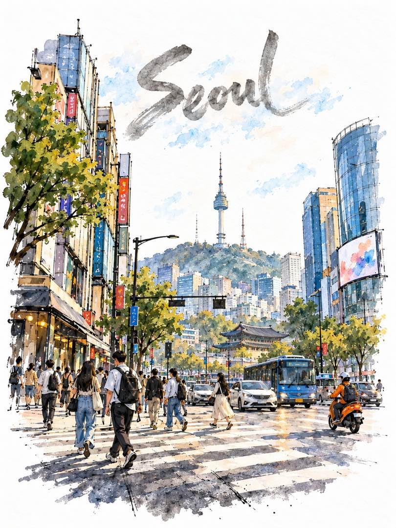 原帖效果图二：同骨架城市街口速写水彩，可见冷压纸纹理