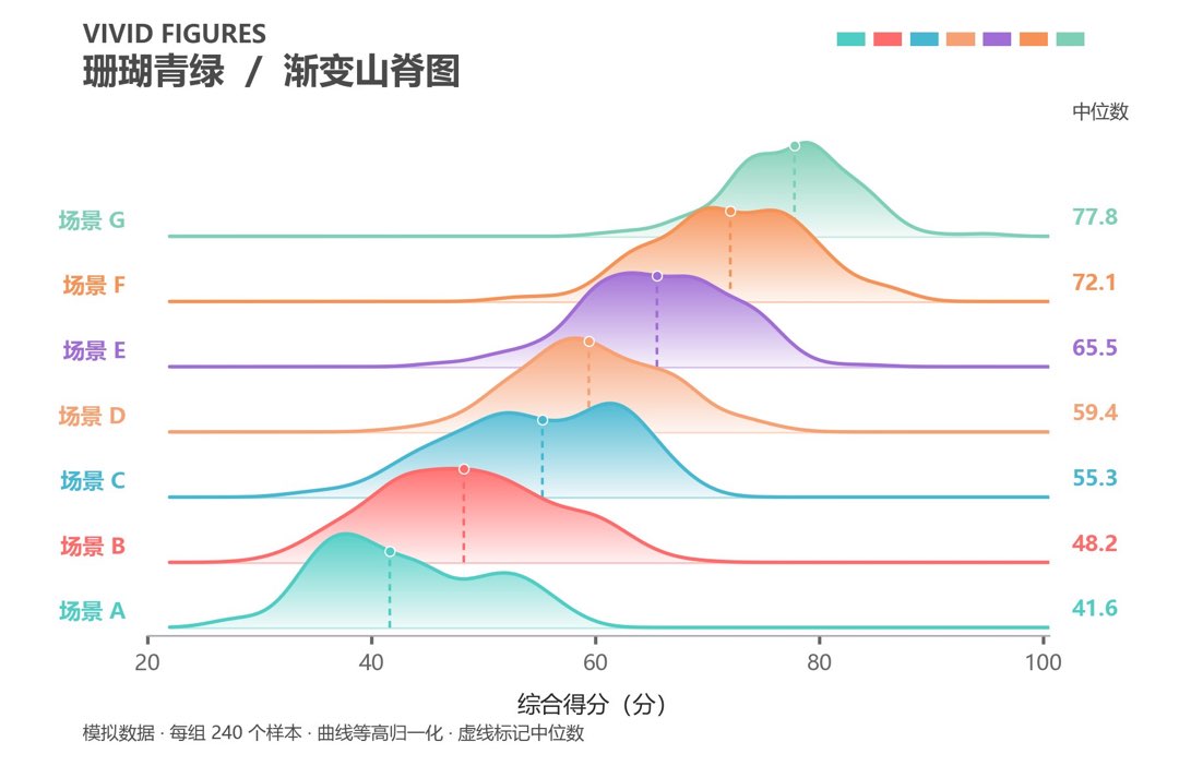 珊瑚青绿配色的渐变山脊图示例：VIVID FIGURES 标题下，场景 A 至 G 七条分布曲线沿综合得分轴层叠排布，虚线标记中位数
