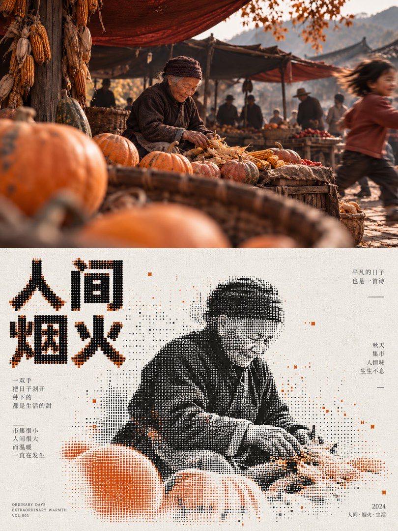 秋日集市竖版海报：上半是老人在摊位前的实拍照，下半米白底上「人间烟火」点阵大字与老人剥玉米的网点画像，配南瓜元素