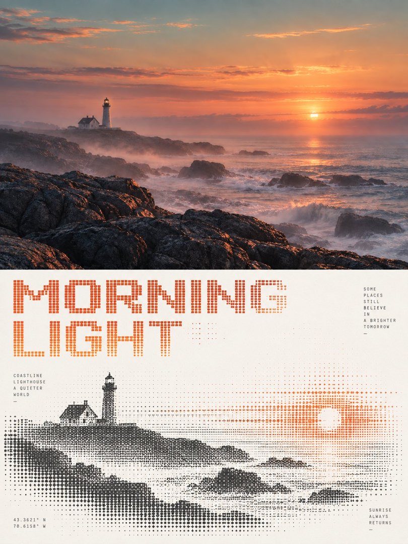 日出海崖灯塔竖版海报：上半是日出海景实拍照，下半米白底上 MORNING LIGHT 点阵大字与灯塔海岸网点重绘