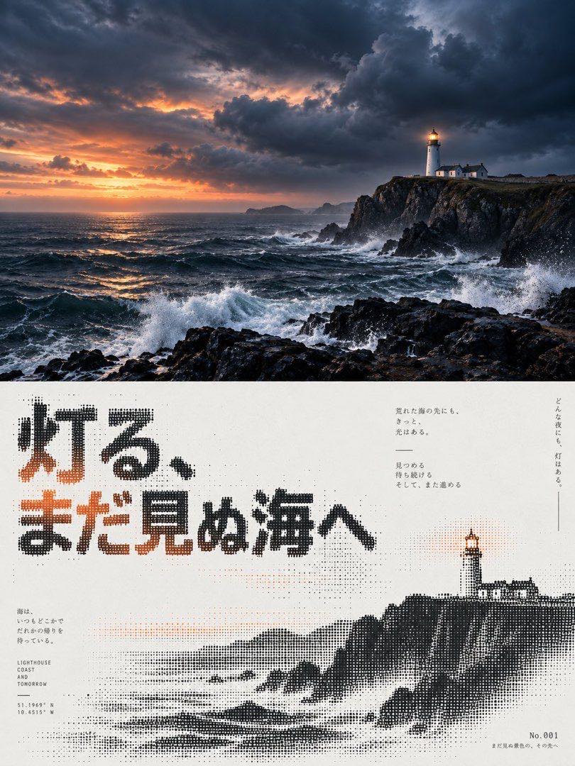 暴风雨海崖灯塔竖版海报：上半是阴云海崖实拍照，下半米白底上日文点阵大字与灯塔崖岸网点重绘