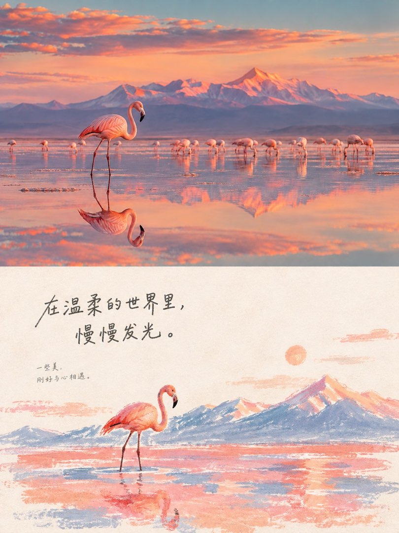 对分松散绘本样张：上半盐湖火烈鸟实拍，下半松散绘本转绘，手写体标语「在温柔的世界里，慢慢发光。」