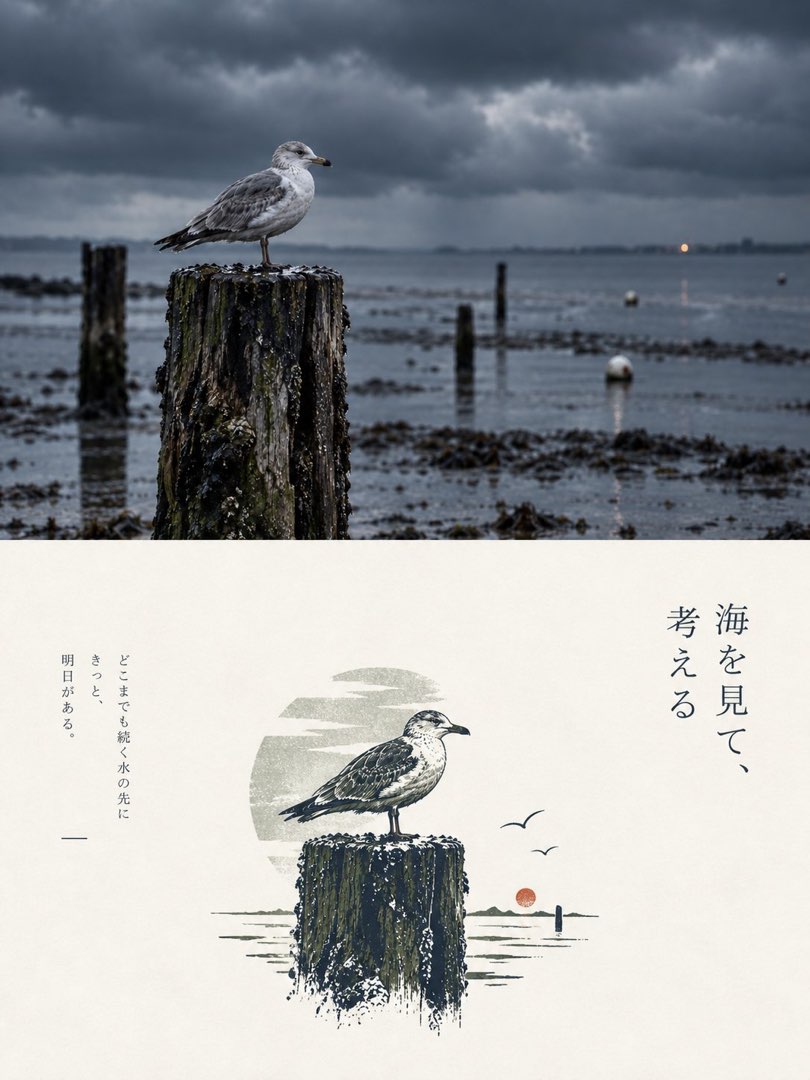 对分轮廓锚点样张：上半阴天海鸥站木桩实拍，下半异形图形内版画线描海鸥与木桩，日文竖排标语