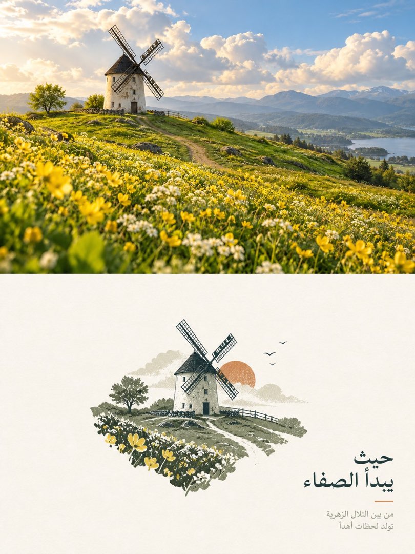 对分轮廓锚点样张：上半山坡风车花田实拍，下半异形图形内版画风车与橙红落日，阿拉伯语标语