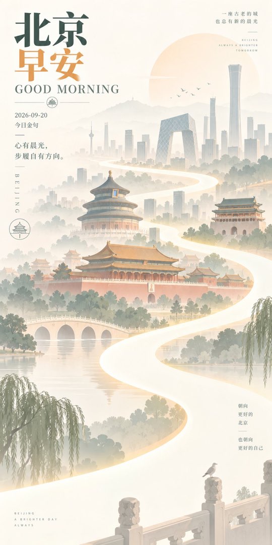 北京早安竖版海报：天坛与故宫多层剪影间一条发光道路纸带穿过水景，金句「心有晨光，步履自有方向」