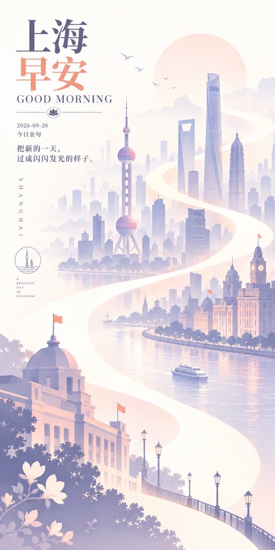 上海早安竖版海报：东方明珠与上海中心天际线剪影，发光纸带蜿蜒穿过黄浦江水面，金句「把新的一天，过成闪闪发光的样子」