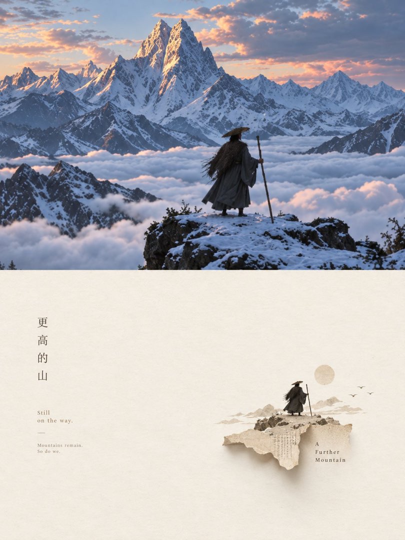 对分留白海报：上半云海雪山之巅持杖蓑衣斗笠旅人背影粉橙朝霞，下半纸面微缩山岩旅人与浅金圆月飞鸟，左竖排「更高的山」