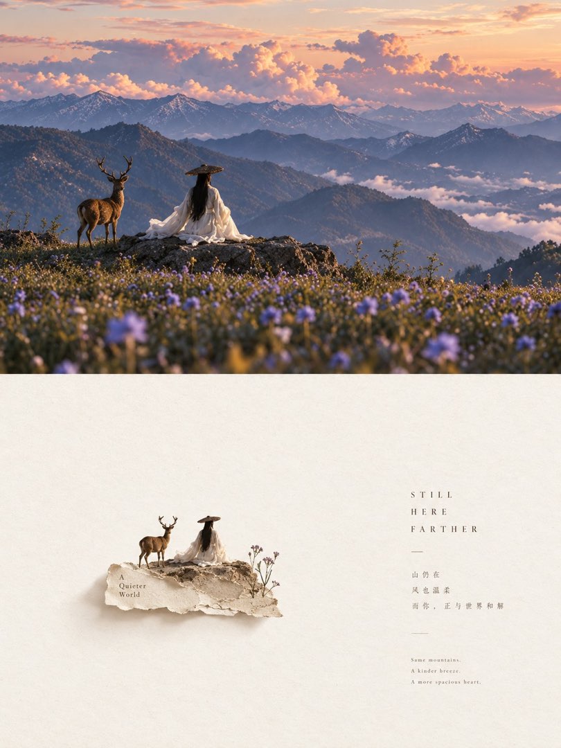 对分留白海报：上半山顶花海白衣女子与梅花鹿并肩远眺云海，下半纸面微缩女子与鹿立撕纸山岩配 A Quieter World 小牌