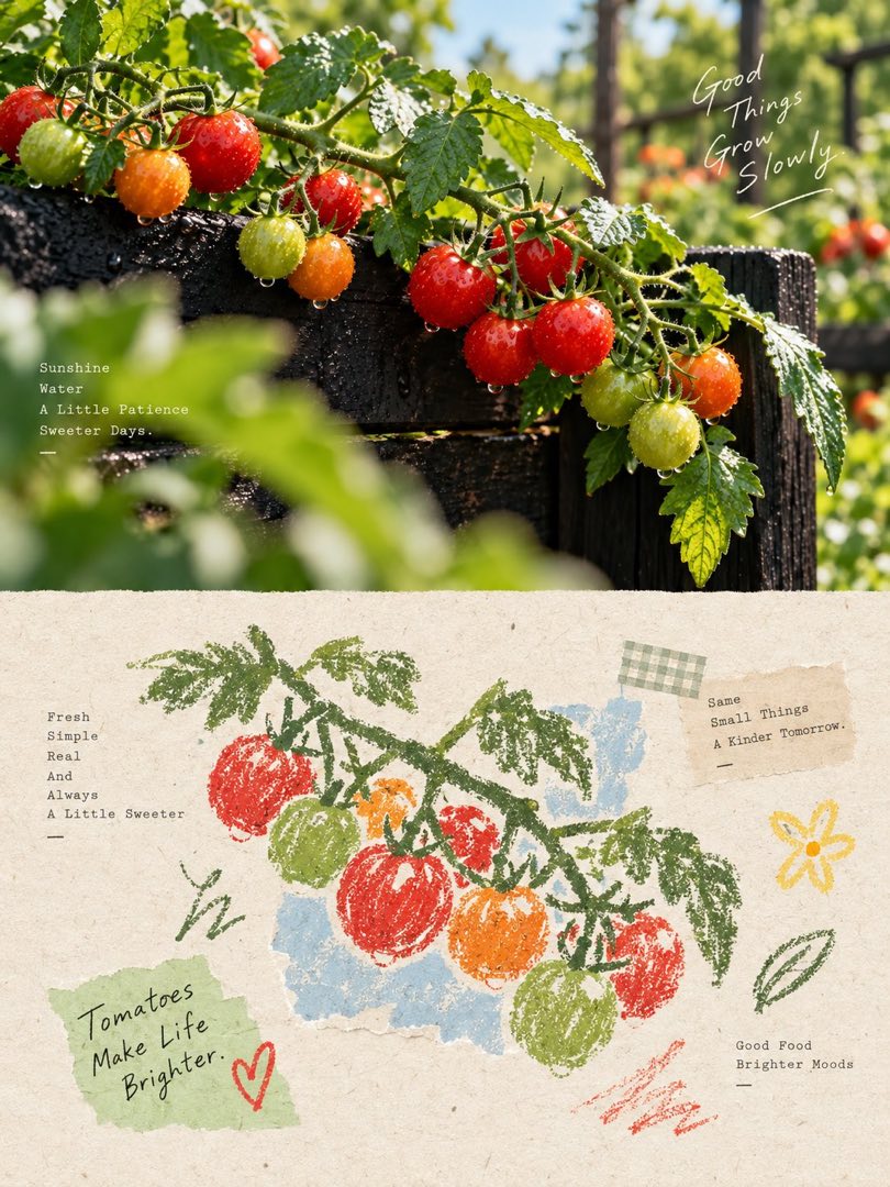 对分涂鸦海报：上半木栅番茄枝实拍红橙绿小番茄带水珠配 Good Things Grow Slowly 手写体，下半奶油再生纸面蜡笔涂鸦番茄枝蓝绿色块与打字机短句便签