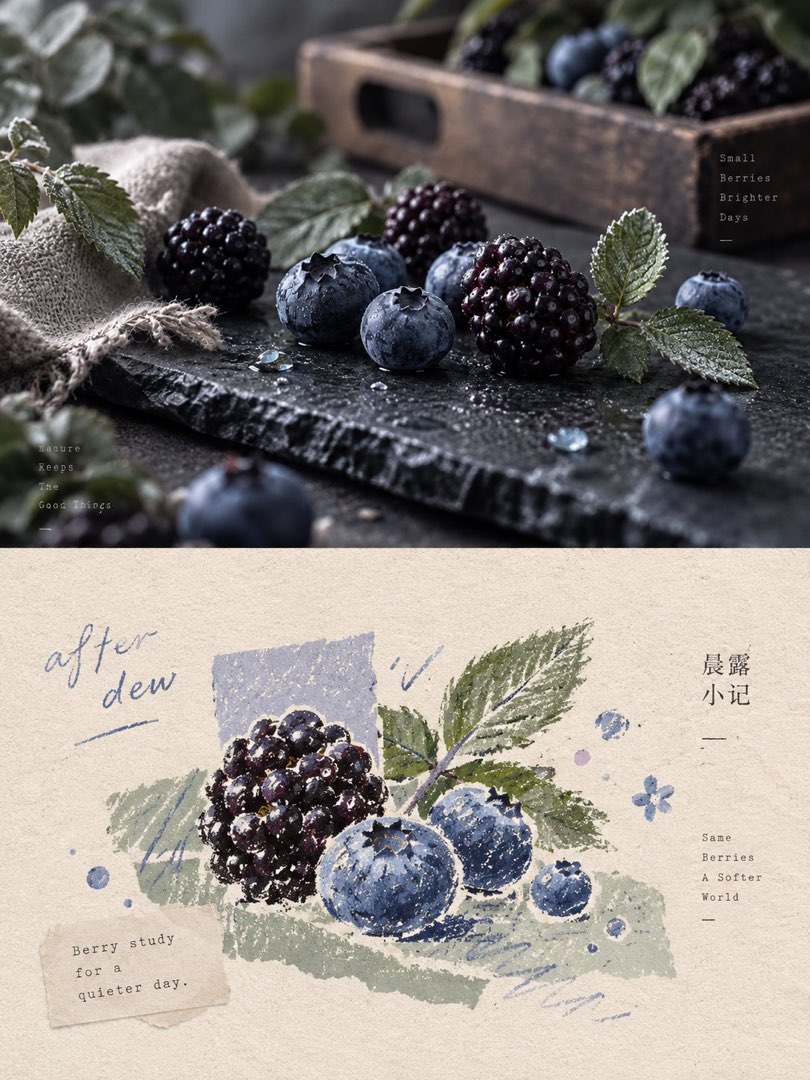 对分涂鸦海报：上半深色石板蓝莓黑莓静物粗麻布木箱冷调暗光，下半米纸面蓝莓黑莓水彩蜡笔混拼与晨露小记竖排