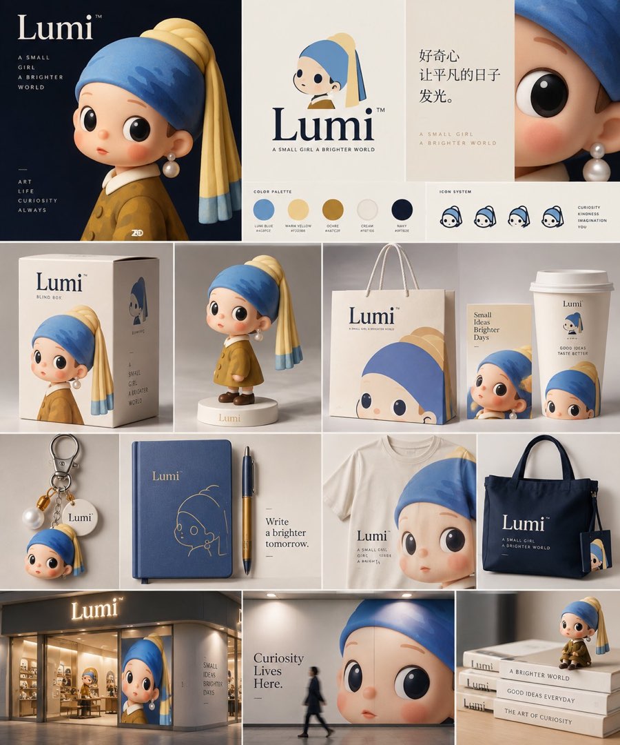 Lumi 玩偶品牌全家福：戴蓝头巾黄披布的珍珠耳环少女 Q 版形象，周围铺满 logo、色板、图标、盲盒、手办、手提袋、咖啡杯、钥匙扣、T恤、门店招牌与广告牌