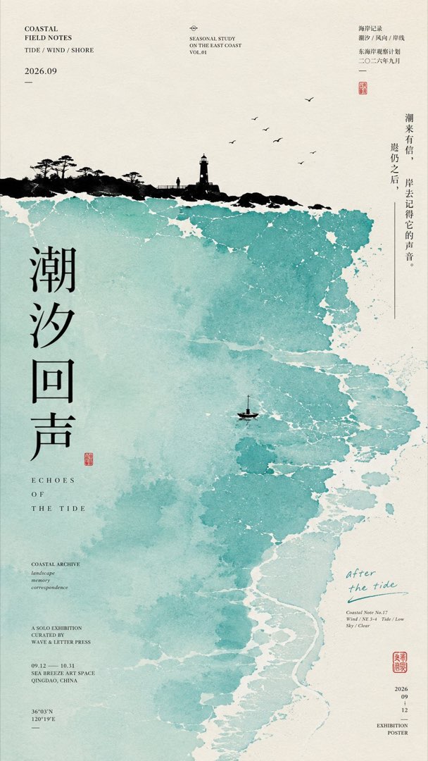 潮汐回声：宣纸底上青蓝潮汐大色域，黑色灯塔海岸与松林飞鸟剪影压住上缘，竖排标题与档案小字