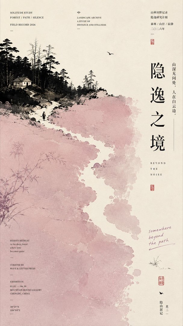 隐逸之境：雾粉大色域大量留白，山林小径与屋舍行人黑色剪影，竖排标题