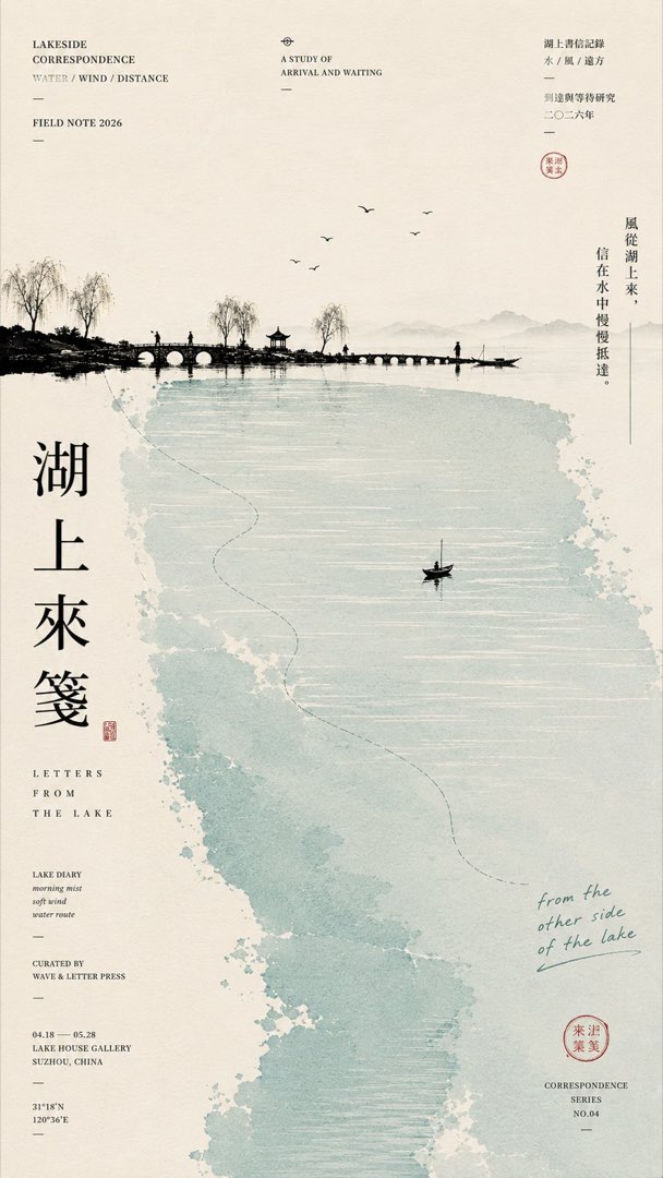 湖上来笺：青瓷色湖面如信笺，长堤石桥、垂柳与小舟黑色剪影，竖排标题与手写批注