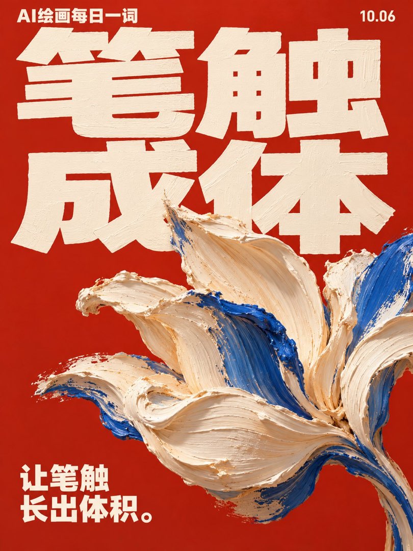 丙烯笔触海报：少量宽厚颜料笔触在空间中组成主体形体，大色块概括