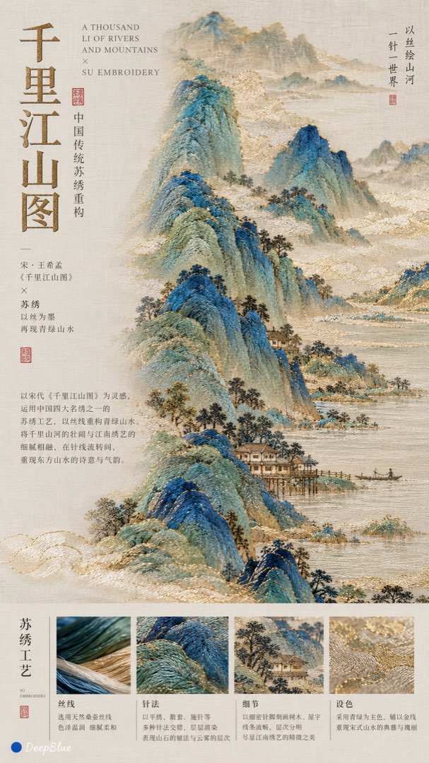 刺绣工艺 Editorial 封面样张二：竖版宋式极简封面，刺绣主体与留白版式