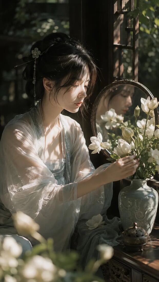 国风斑驳光人像：持花枝的白衣女子与瓶花
