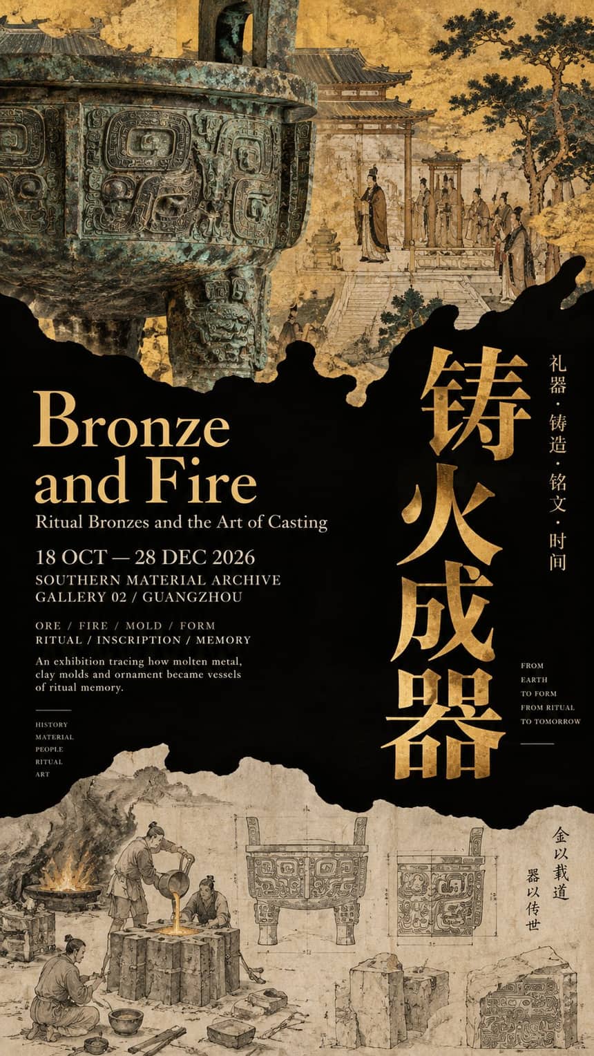 铸火成器：青铜鼎纹配宫廷古画，金色竖排大字与浇铸场景图解