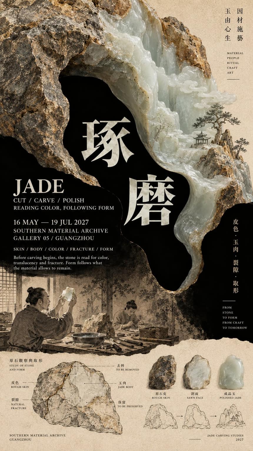 琢磨：山子玉雕穿过黑色大块，白字标题配原石观察图解