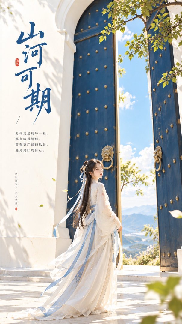 东方禅意极简封面：古风女子站在巨大靛蓝色高门前回头轻看镜头，奶白墙面浅色地面