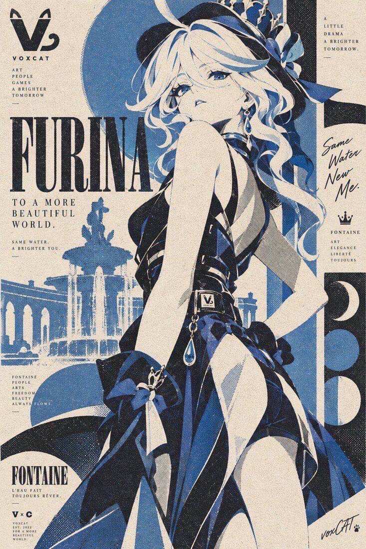 复古丝网印刷角色海报：蓝调角色 FURINA